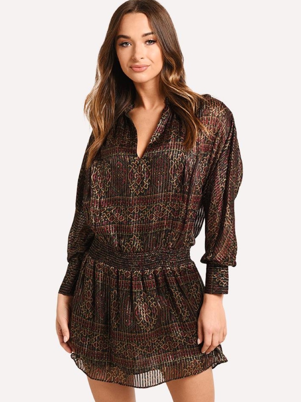 Frame NWOT L Party Paisley Burgundy w Metallic Gold Long Sleeve Mini Dress